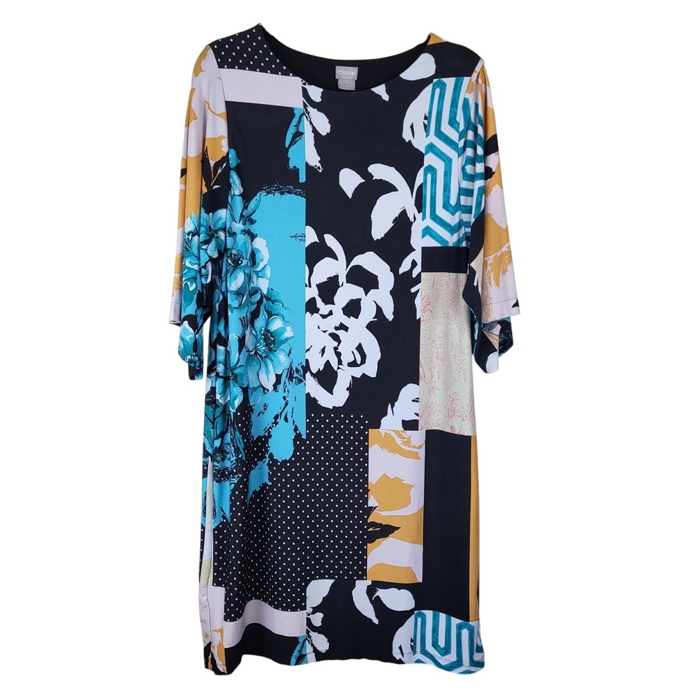 Chico's Floral Print Kimono Dress Women's Medium 1 Multicolor Stretchy Lined